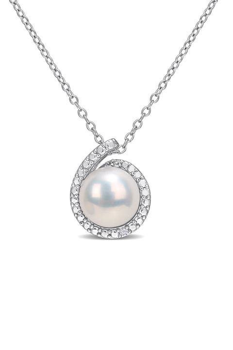 Sterling Silver 8.5mm Cultured Freshwater Pearl & Diamond Pendant - 0.01 ctw