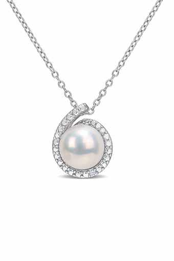 DELMAR Sterling Silver 8.5mm Cultured Freshwater Pearl & Diamond Pendant - 0.01 ctw