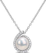DELMAR Sterling Silver 8.5mm Cultured Freshwater Pearl & Diamond Pendant - 0.01 ctw