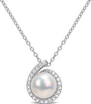 DELMAR Sterling Silver 8.5mm Cultured Freshwater Pearl & Diamond Pendant - 0.01 ctw
