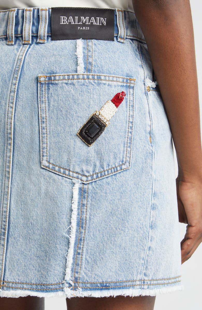 Balmain Asymmetric Raw Hem Denim Miniskirt, Alternate, color, Light Blue