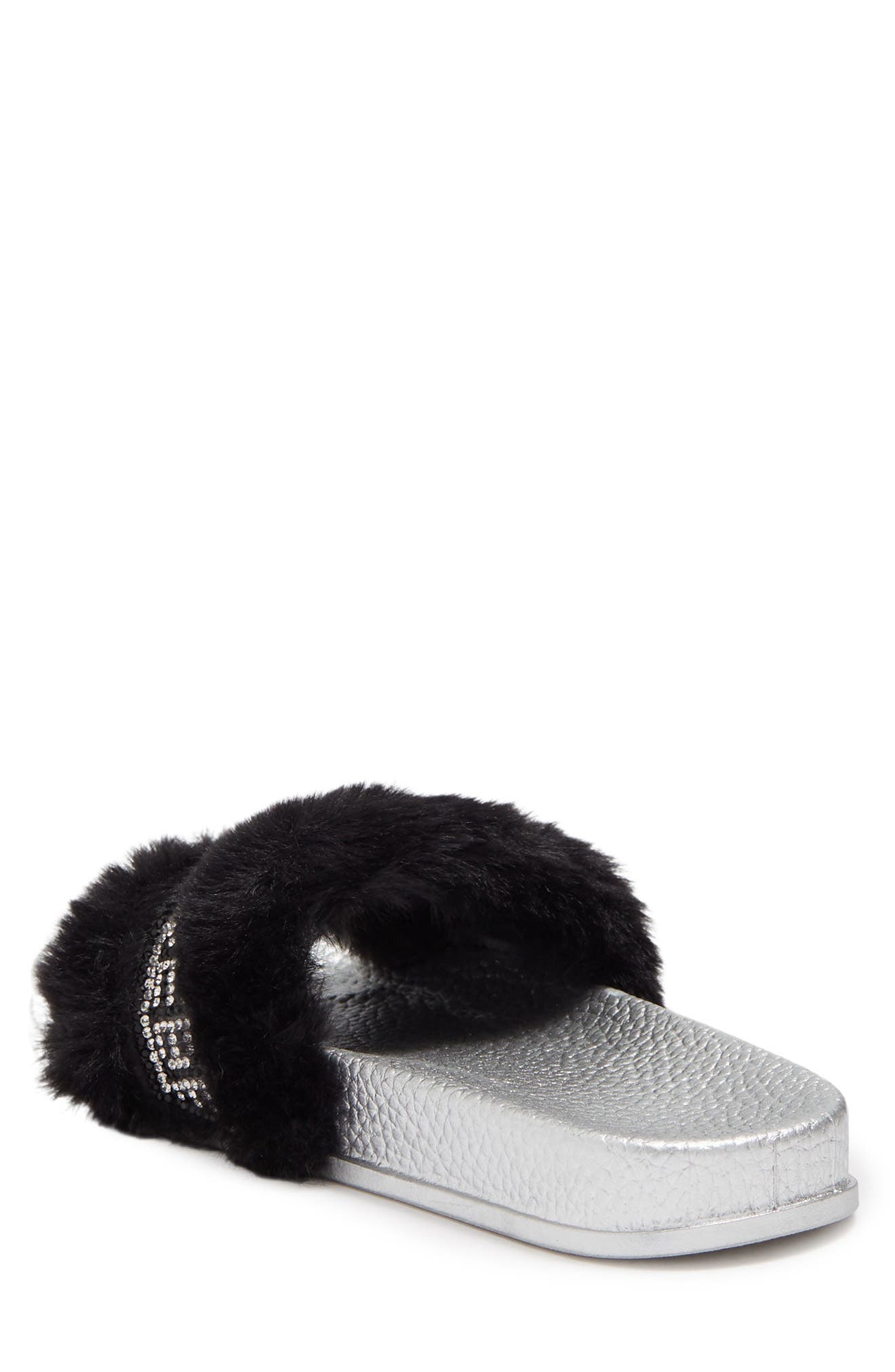 bebe Rhinestone Logo Faux Fur Slide Sandal, Alternate, color, 