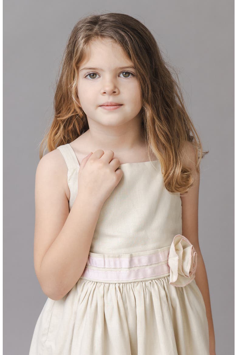 Kids' Linen Cami Rosette Dress, Alternate, color, Sand Linen