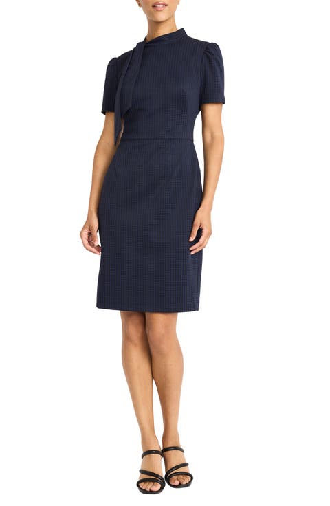 Houndstooth Tie Neck Short Sleeve Sheath Dress