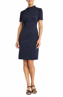 Maggy London Houndstooth Tie Neck Short Sleeve Sheath Dress