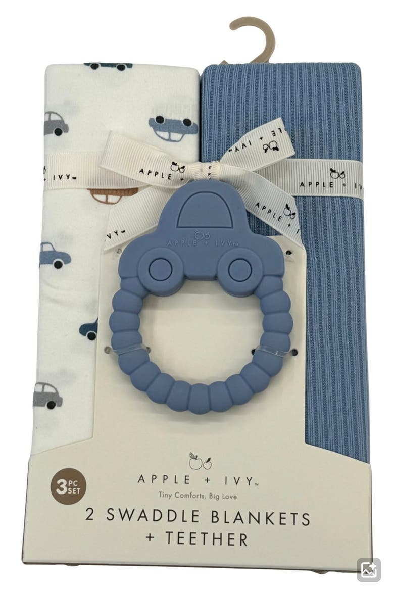 2-Pack Swaddle Blankets & Teether Set, Main, color, BLUE