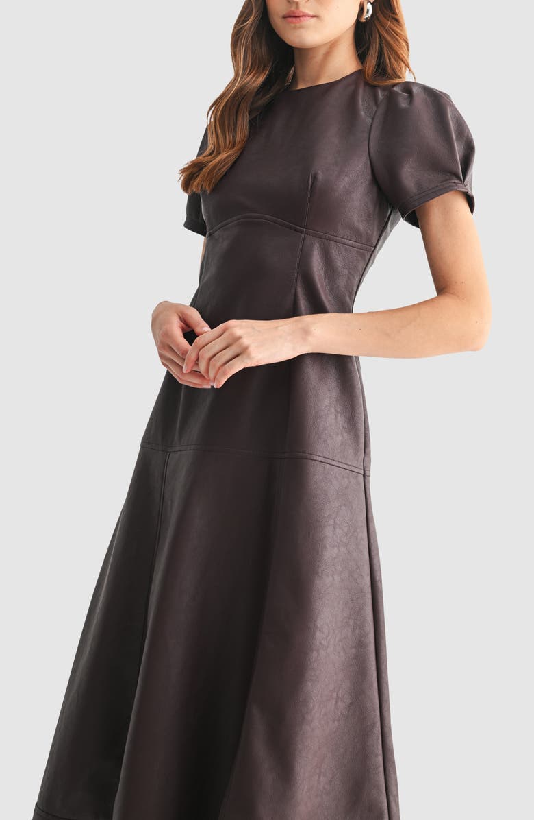 Mila Mae Puff Sleeve Faux Leather A-Line Midi Dress, Alternate, color, Plum