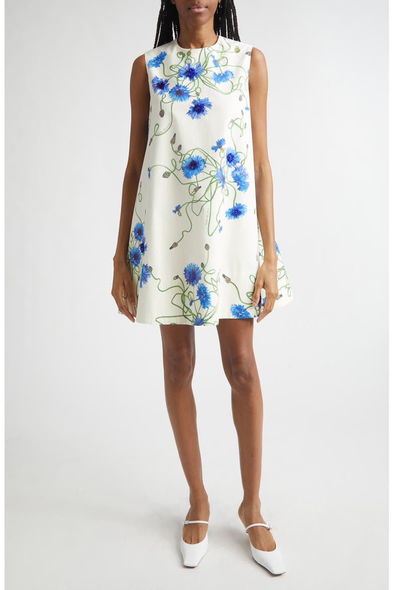 Cornflower Embroidered Cotton Trapeze Minidress, Main, color, CORNFLOWER