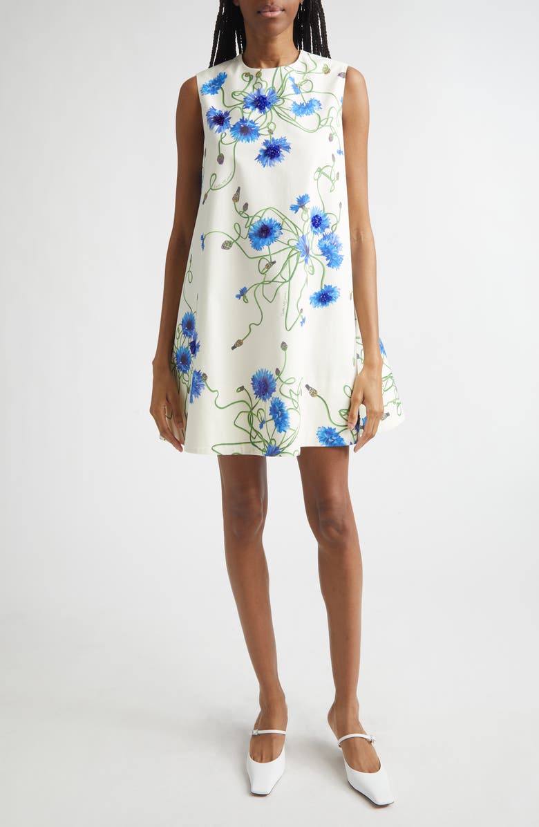 Stella McCartney Cornflower Embroidered Cotton Trapeze Minidress, Main, color, Cornflower