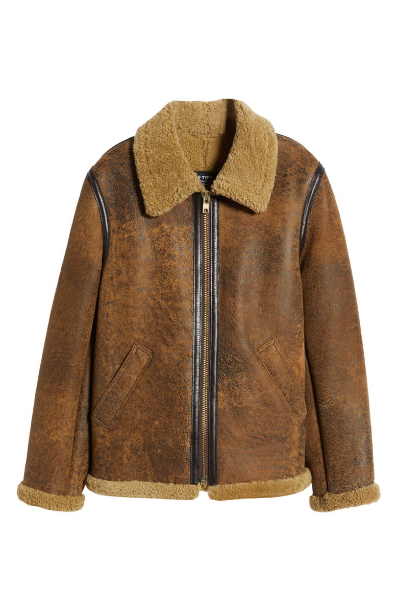 Schott NYC Genuine Shearling Collar Sheepskin Bomber Jacket, Alternate, color,
