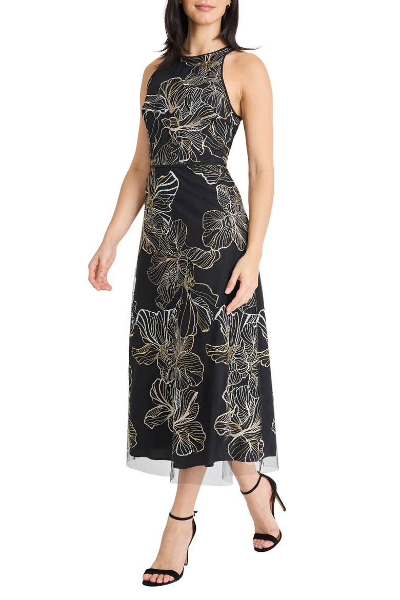Embroidered Sleeveless Evening Dress, Alternate, color, BLACK/ CHAMPAGNE