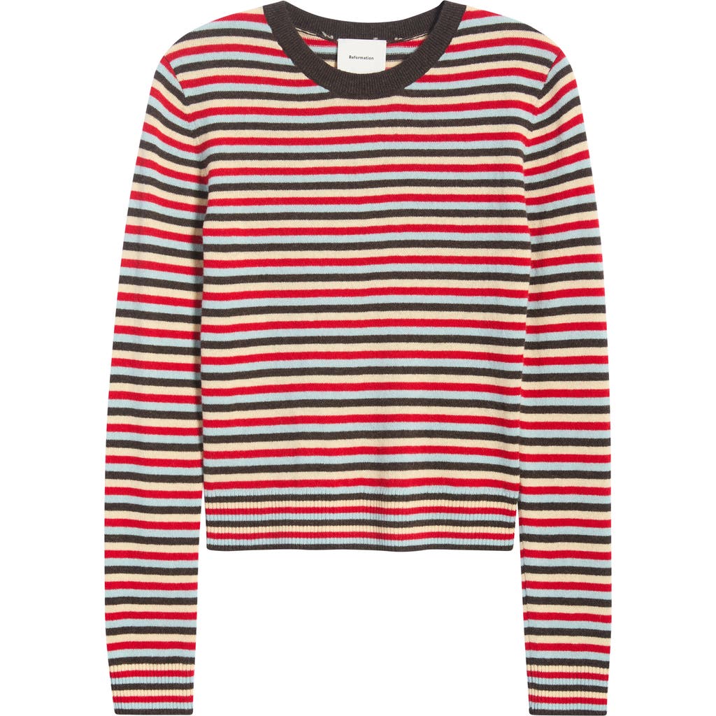 Reformation Lian Crewneck Cashmere Sweater In Cafe Multi Stripe