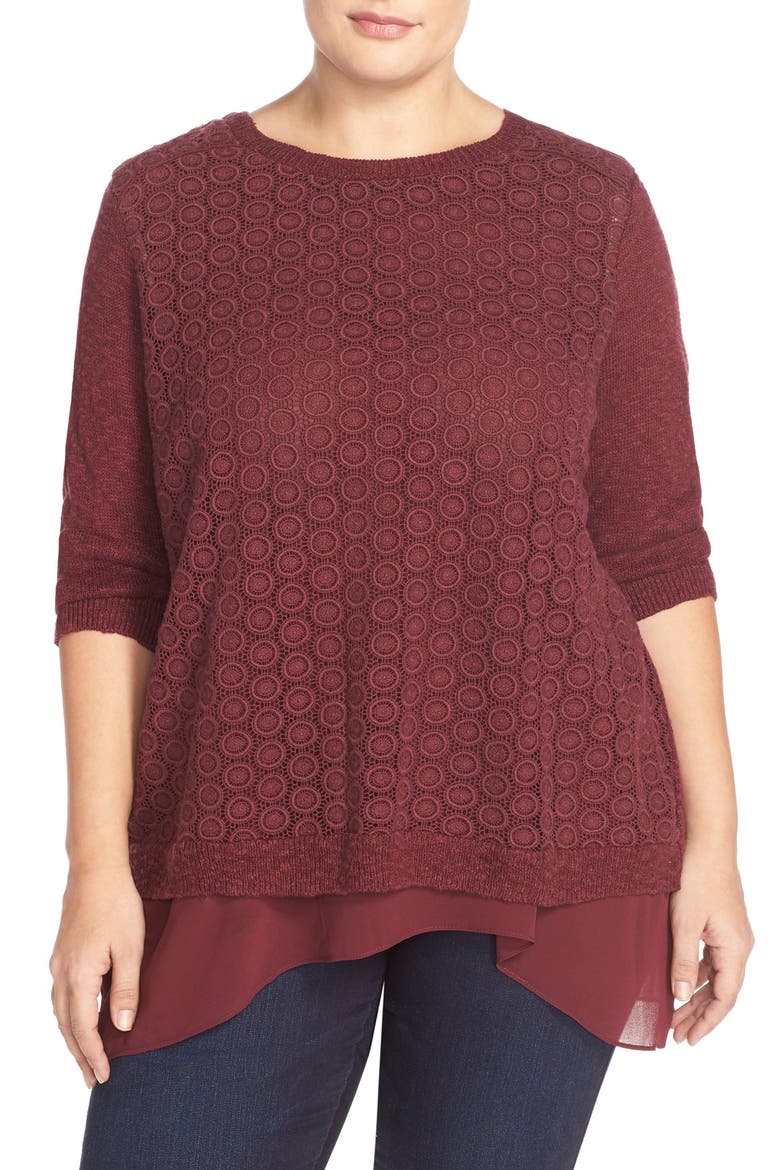 Mixed Media Layered Look Sweater, Main, color, LUXE BURGA