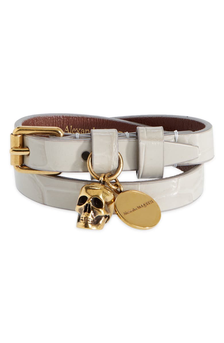 McQueen Alexander McQueen Skull Charm Croc Embossed Leather Double Wrap Bracelet, Main, color,
