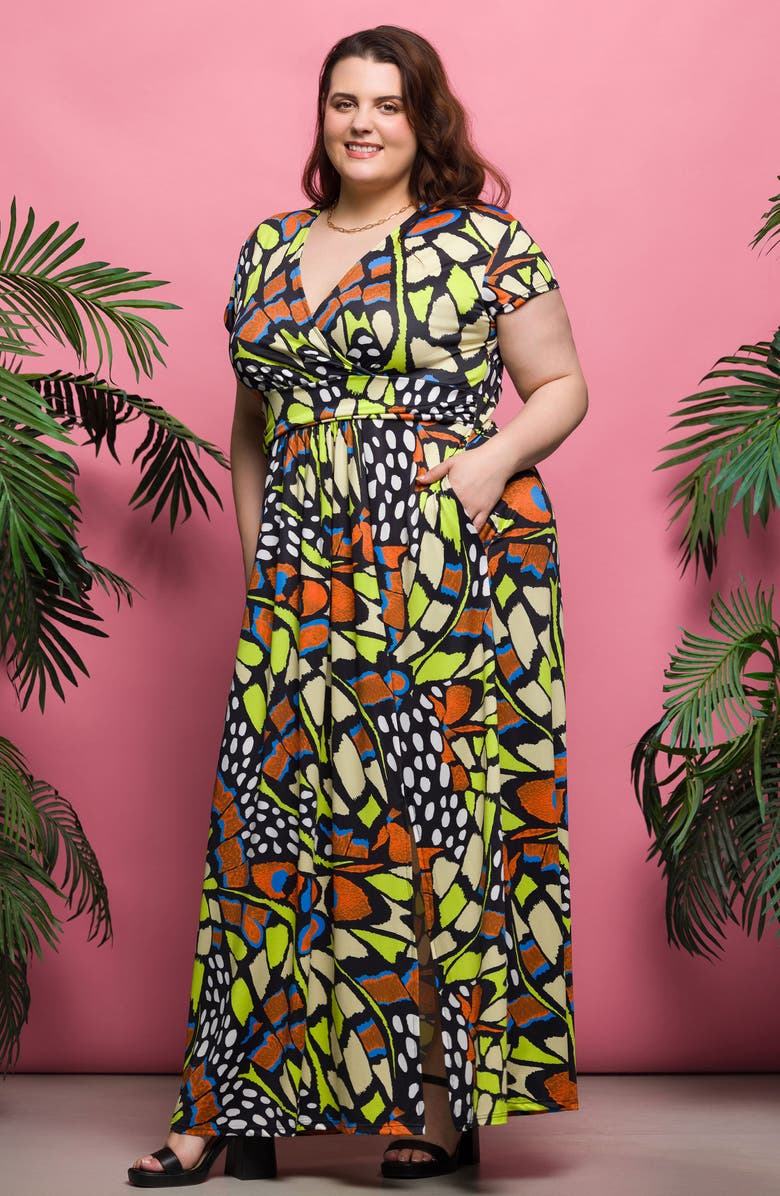 24seven Comfort Apparel Butterfly Print V-Neck Maxi Dress, Alternate, color, Orange Multi