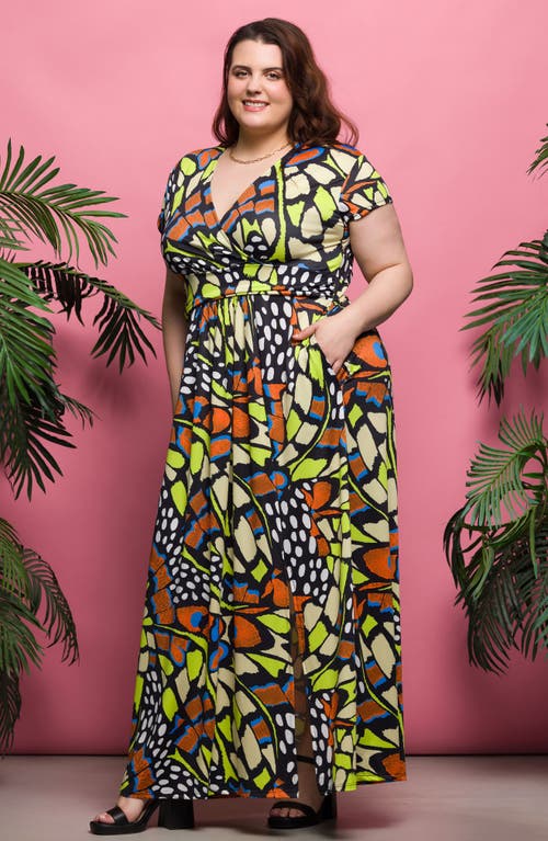 24seven Comfort Apparel Plus Size Cap Sleeve V-neck Side Slit Pocket Maxi Dress In Orange Multi