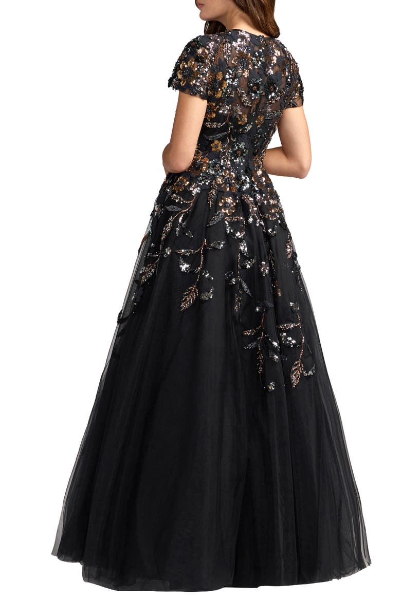 Floral Embellished High Neck Tulle Ball Gown, Alternate, color, Black Multi