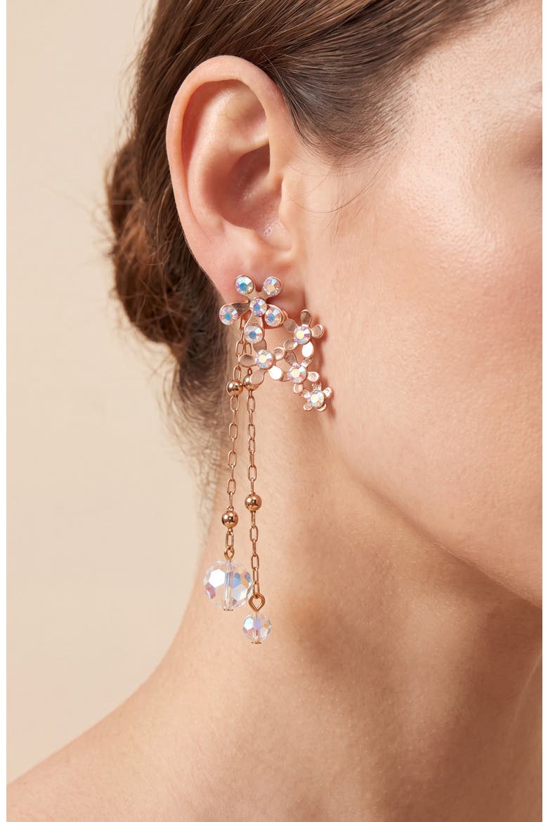 Crystal Flower Drop Earrings with Dangle Chains, Alternate, color, Rose Gold