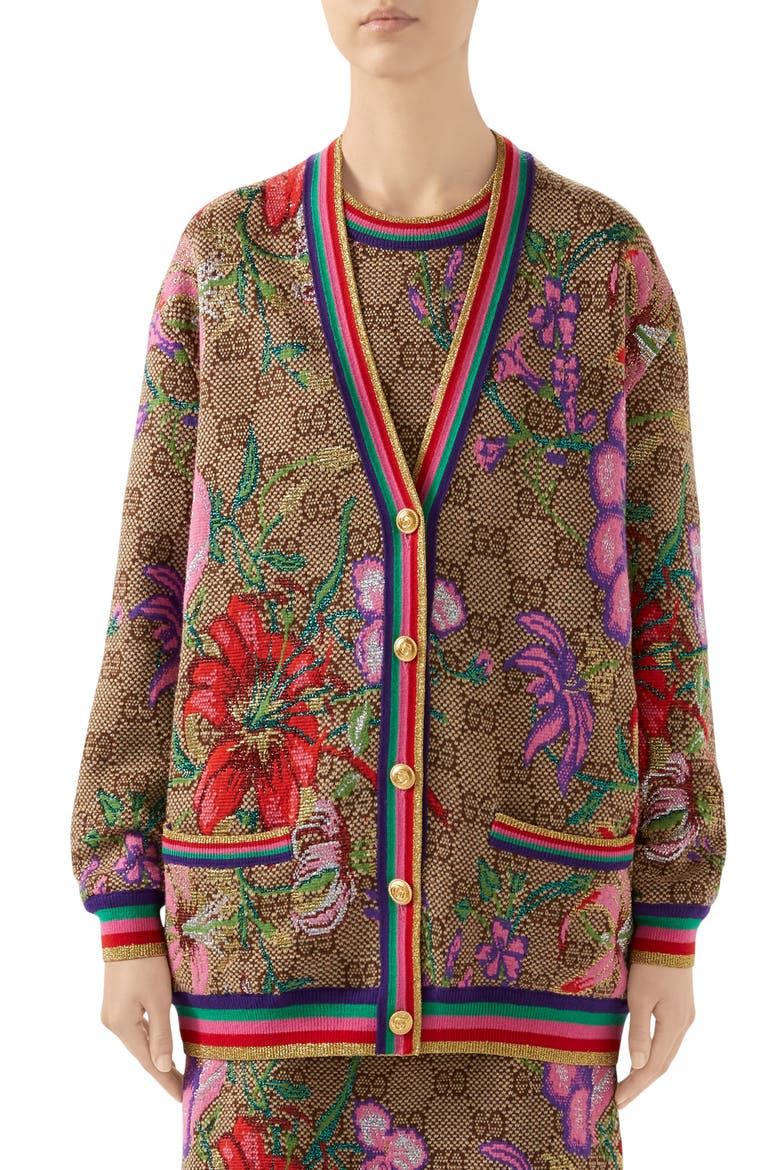Metallic Floral Double G Wool Blend Cardigan, Main, color, BROWN/ BEIGE/ MC