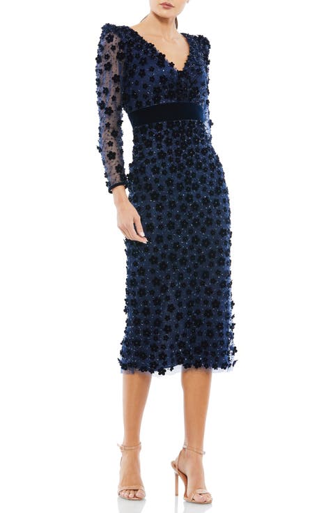 Embellished V Neck Illusion Long Sleeve Column Midi