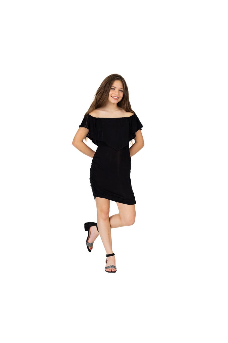 Off The Shoulder Rouched Party Dress, Main, color, Black
