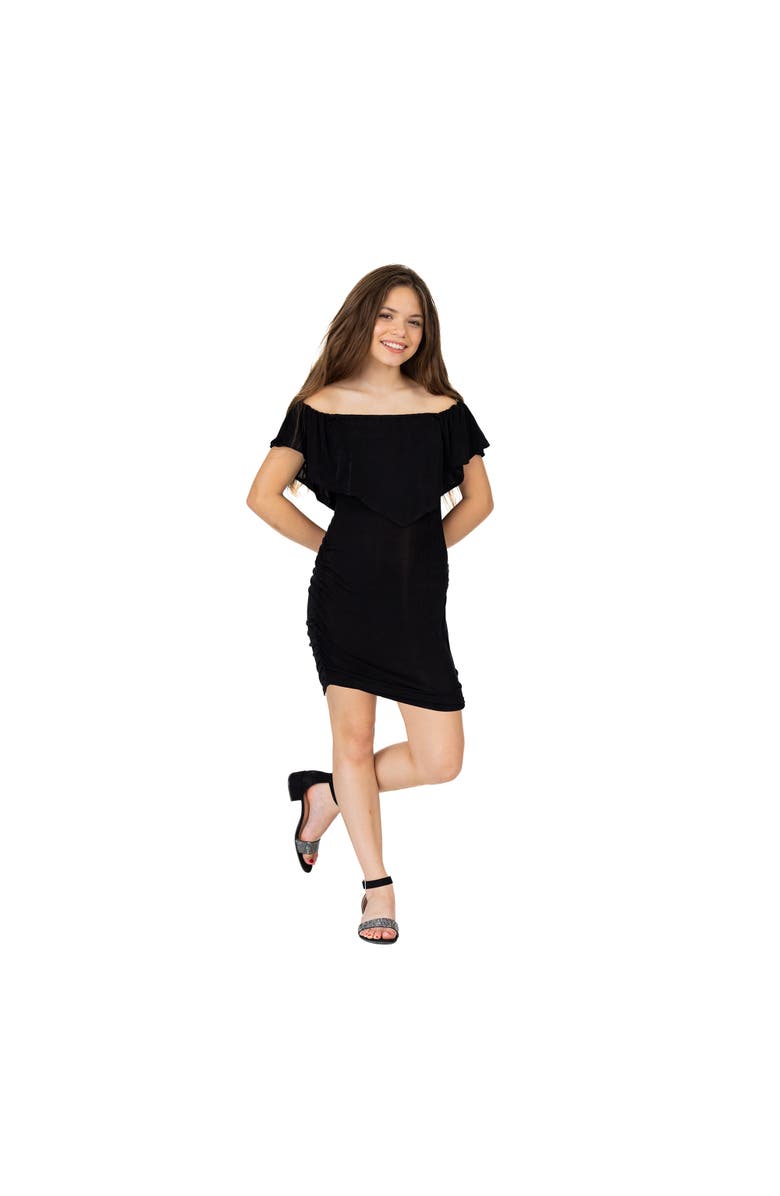 24sevenKid Off The Shoulder Rouched Party Dress, Main, color, Black