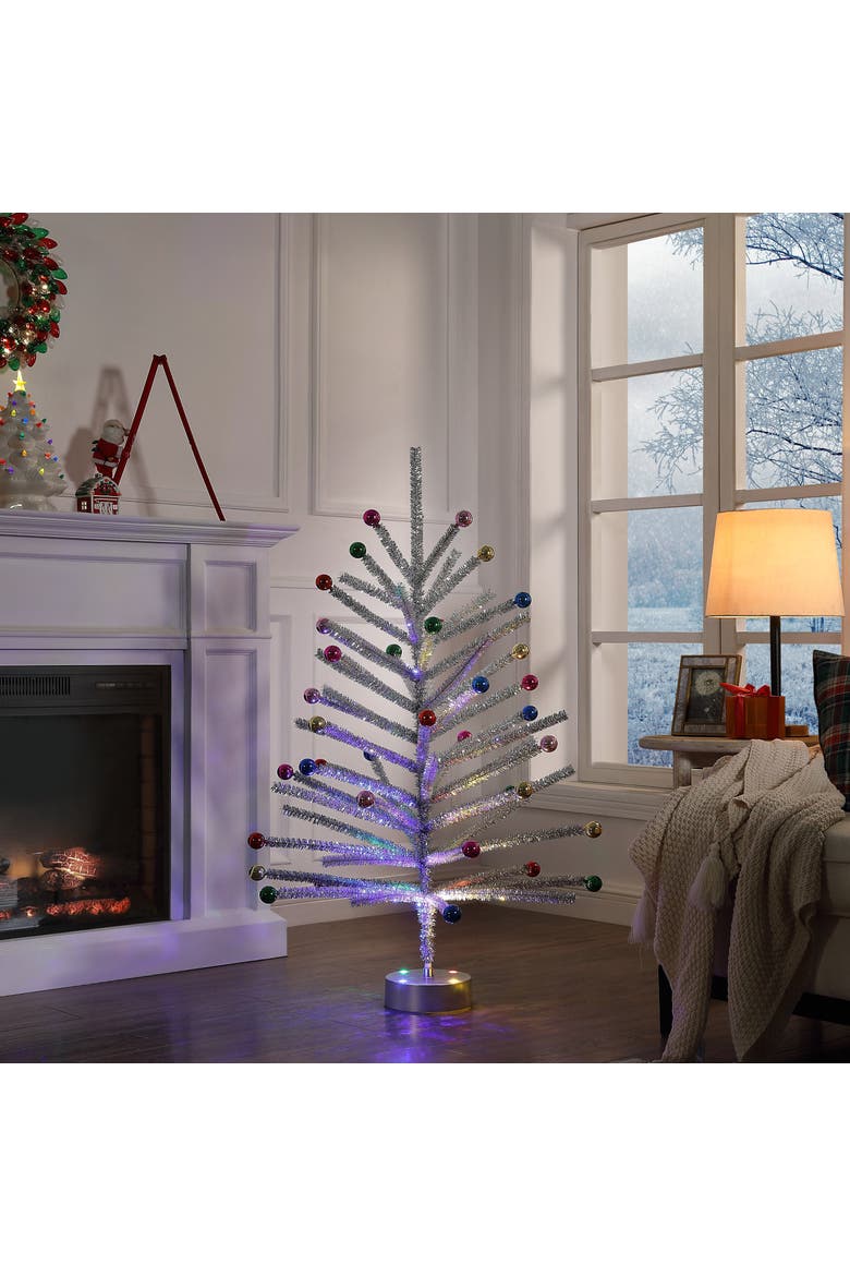 4 ft. Tinsel Tree with Ornaments and Built-in Color Wheel, Alternate, color, Multicolored