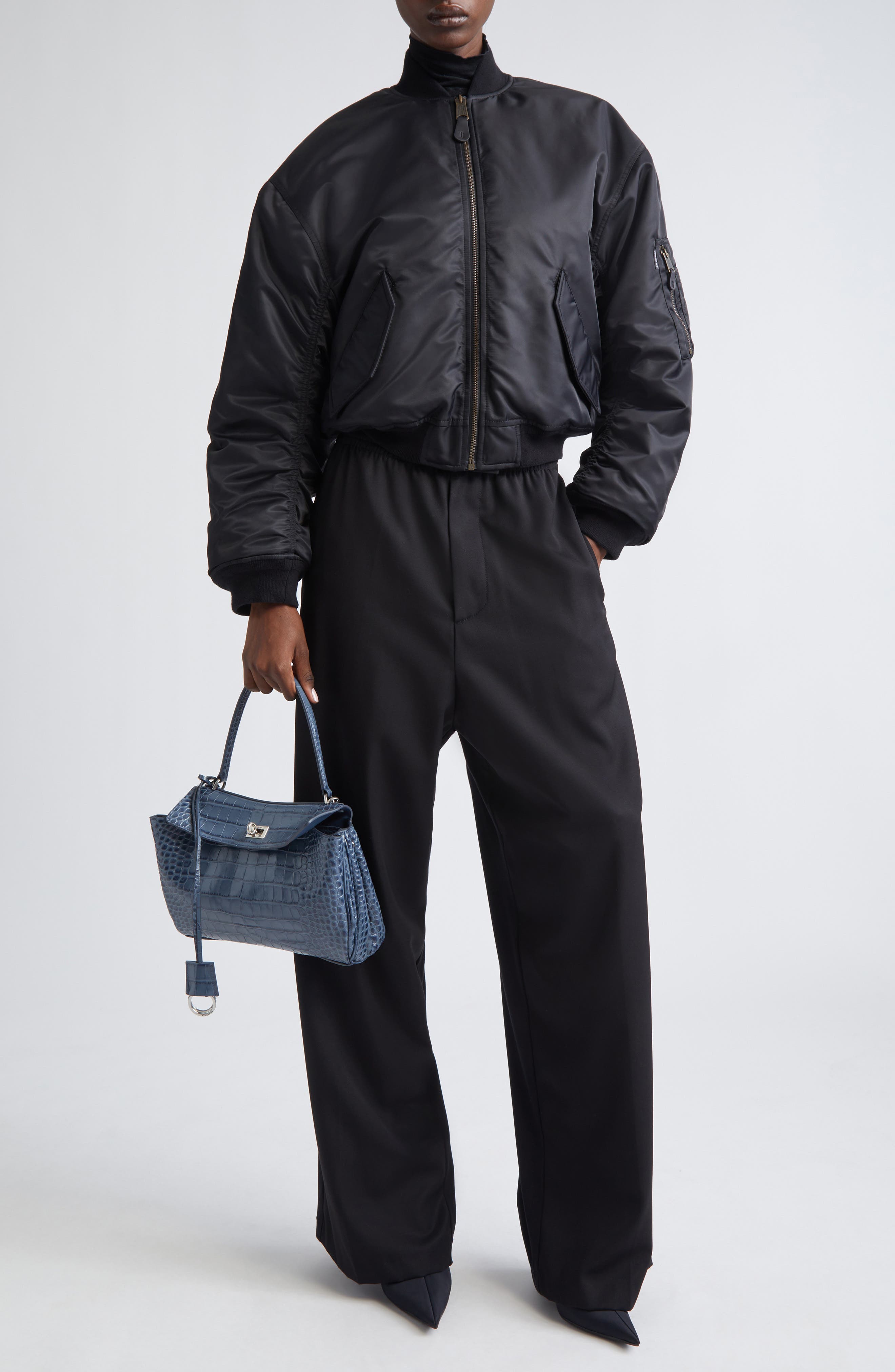 Ruched Sleeve Satin Bomber Jacket - image 2