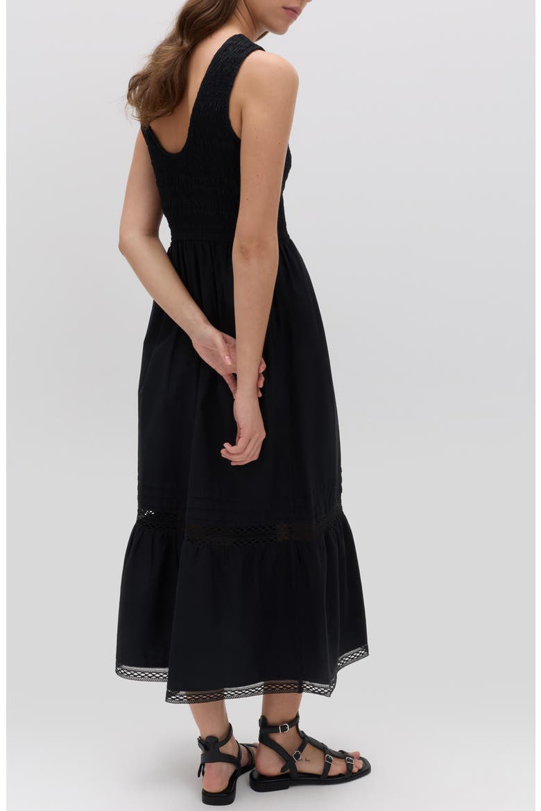 Smocked Lace Trim Sleeveless Cotton Maxi Dress, Alternate, color, BLACK