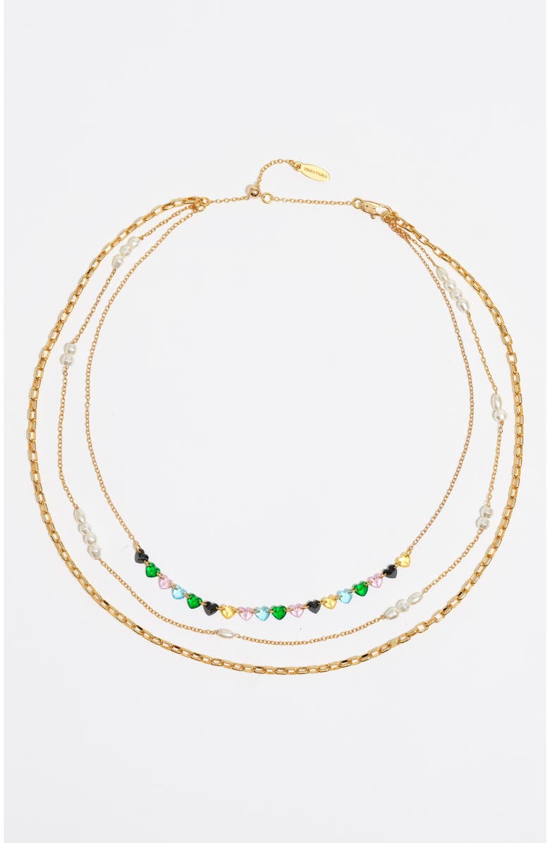 Bimba y Lola Triple-Layer Chain Heart Crystals Necklace, Main, color, 