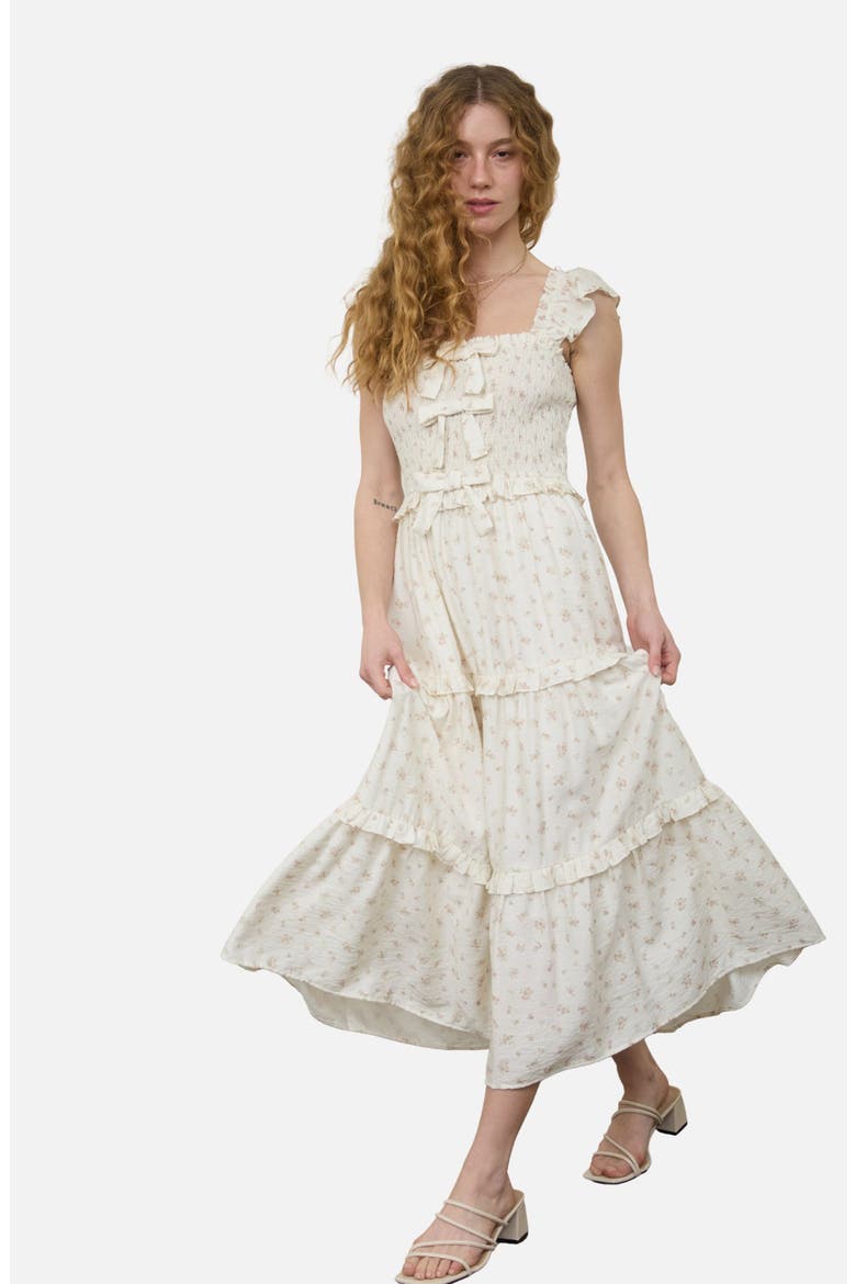 Bow Smocked Midi Dress, Alternate, color, CREAM MULTI