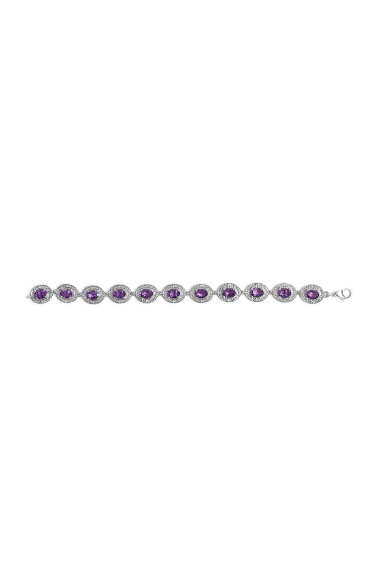 Sterling Silver 5x7 MM Oval Purple Amethyst & Diamond Halo Link Bracelet, Alternate, color, White