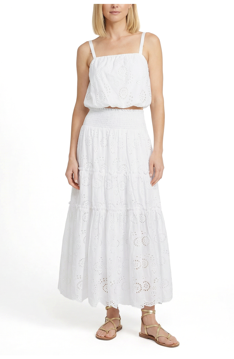 Change of Scenery Charlie Eyelet Embroidered Smock Waist Slit Skirt, Alternate, color, Fresh White