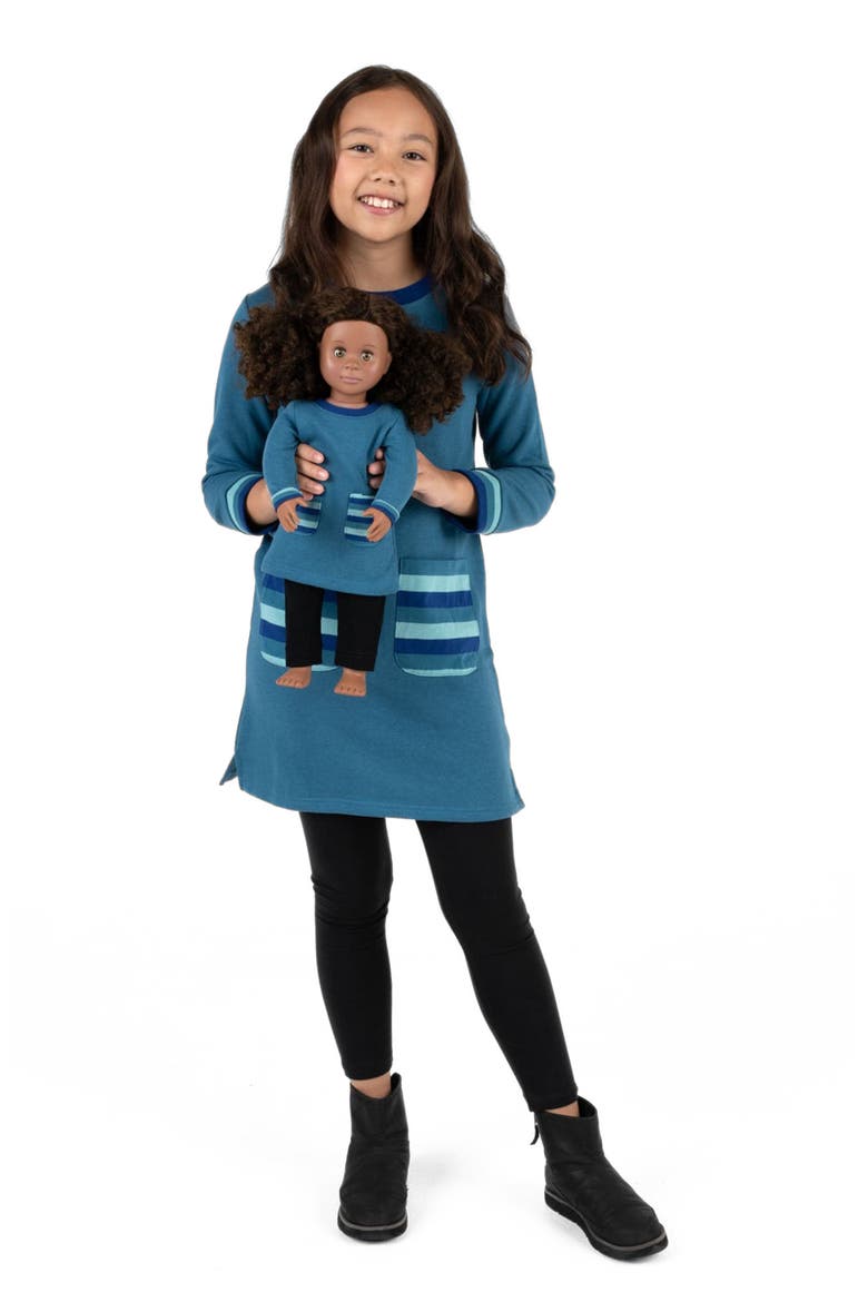 Girls Sweatshirt Dress with Matching Doll Dress, Main, color, TEAL BLUE