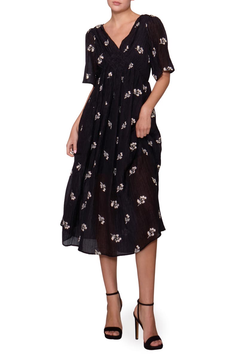 MELLODAY Floral Embroidered Detail Woven Dress, Main, color, Black Floral