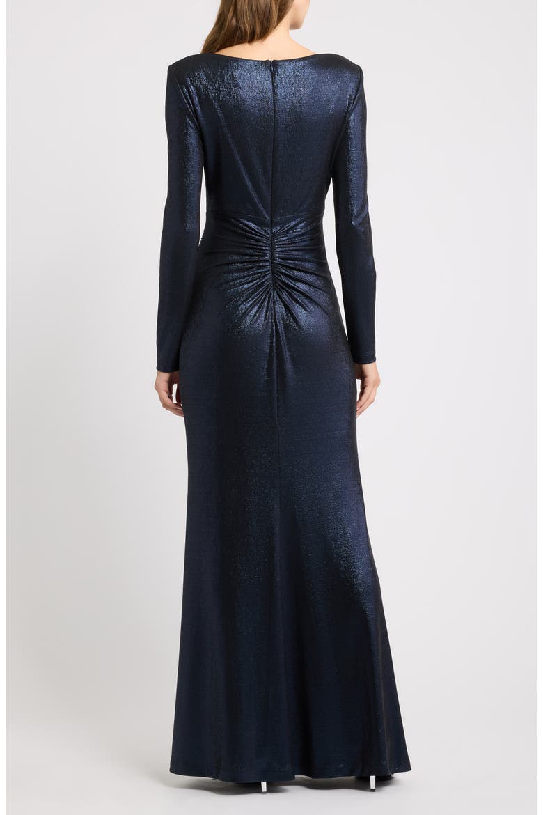 Ruched Metallic Long Sleeve Gown, Alternate, color, NAVY
