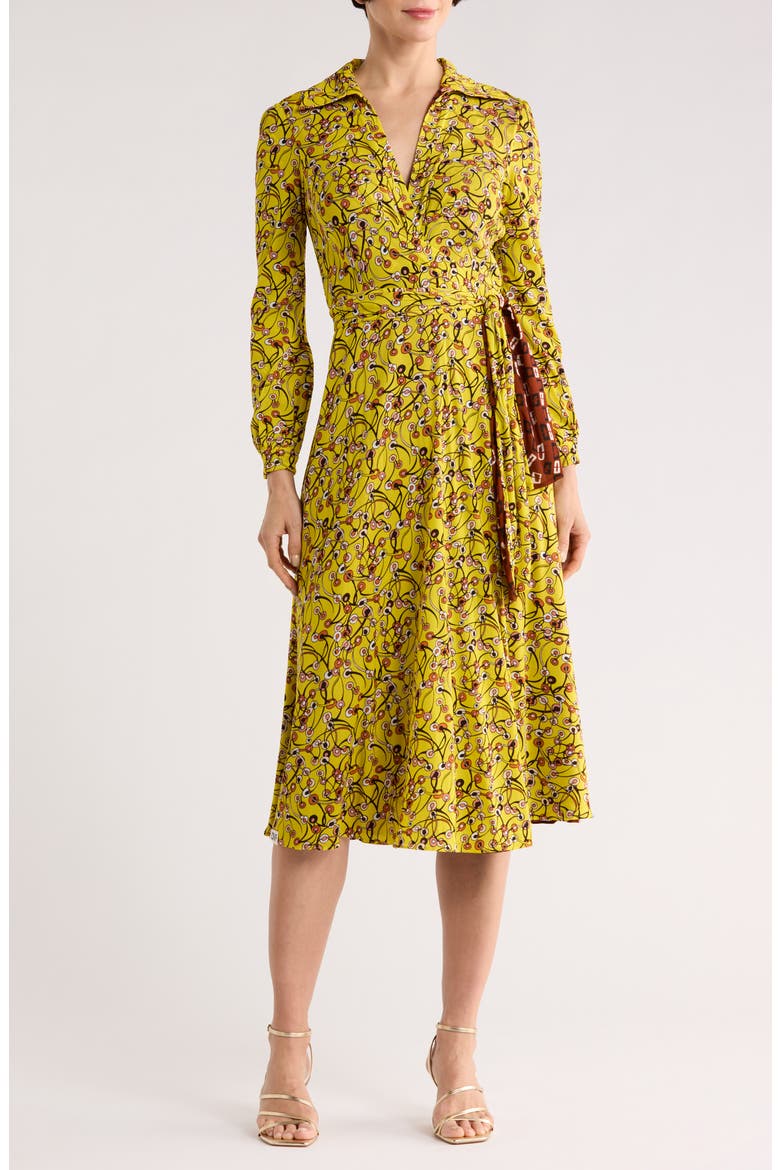 Phoenix Floral Reversible Long Sleeve Wrap Dress, Main, color, OLIVE YELLOW/ BROWN SM