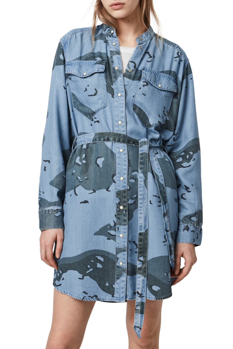 Kat Camo Long Sleeve Denim Mini Shirtdress, Alternate, color, CAMO BLUE