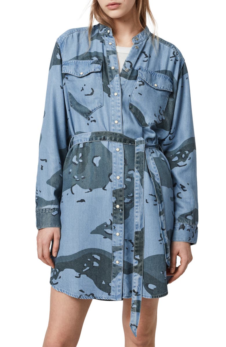 AllSaints Kat Camo Long Sleeve Denim Mini Shirtdress, Alternate, color, 