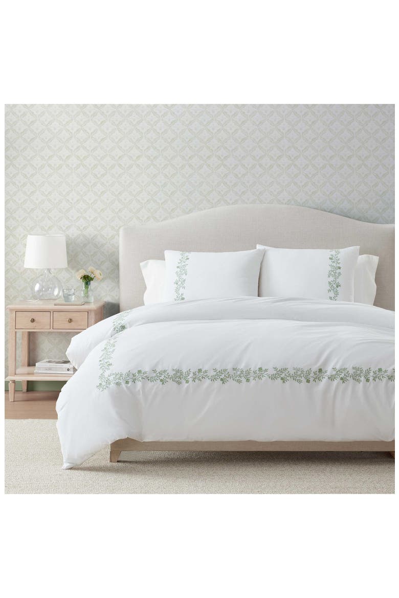 Garden Path Embroidery Cotton Duvet Set, Alternate, color, WHITE/ VINE GREEN