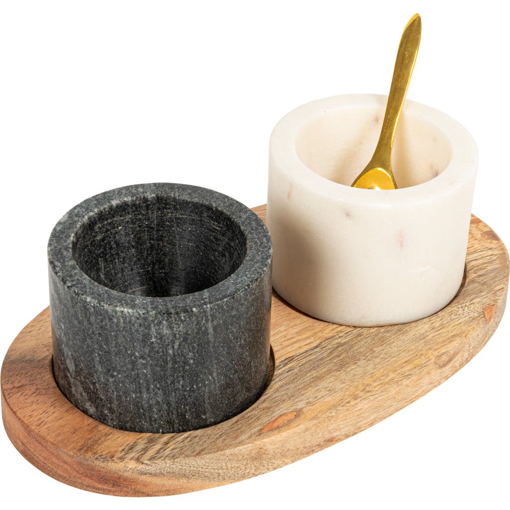 Storied Home Round Marble Bowls On Mango Wood Tray With Brass Salt Spoon, White And Black, Set Of 2 In White