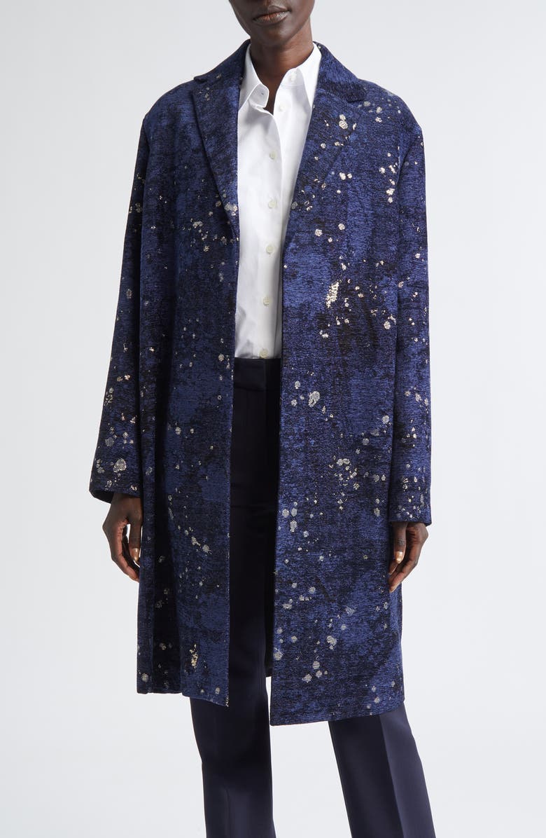 Lafayette 148 New York Soft Shoulder Metallic Jacquard Coat, Main, color, Galaxy Blue Multi