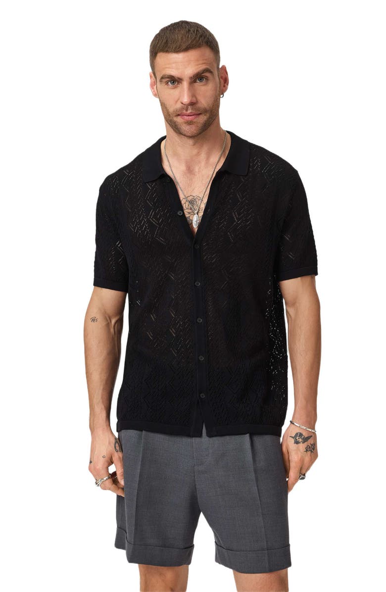 John Varvatos Emil Pointelle Short Sleeve Caridgan, Alternate, color, Black