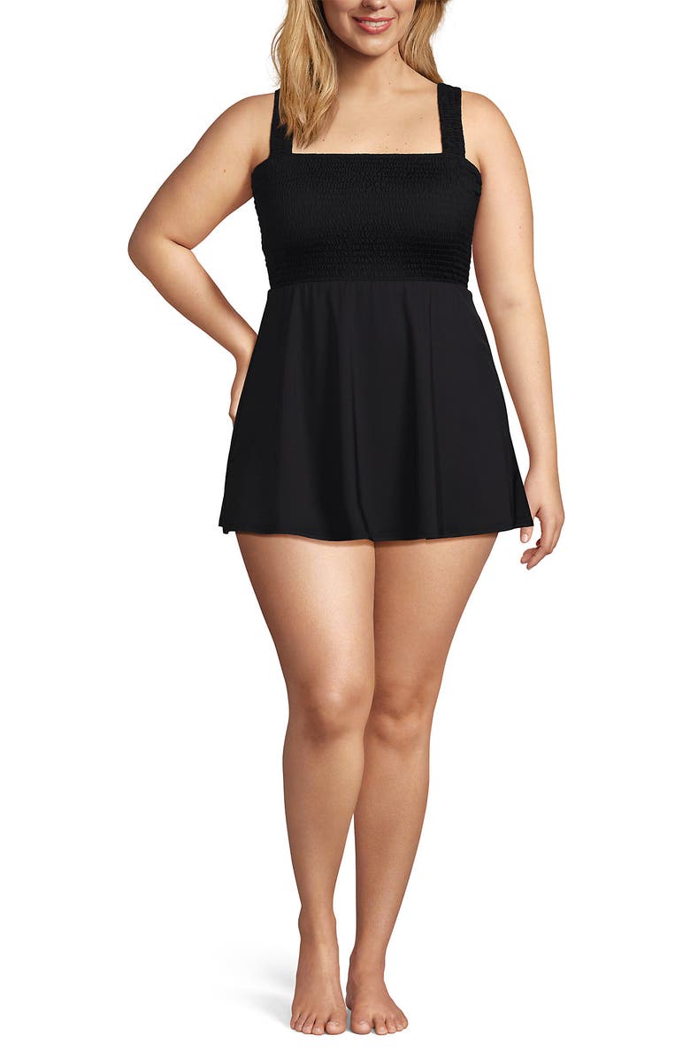 Lands' End Smocked Swim Dress Swimsuit, Alternate, color, Black