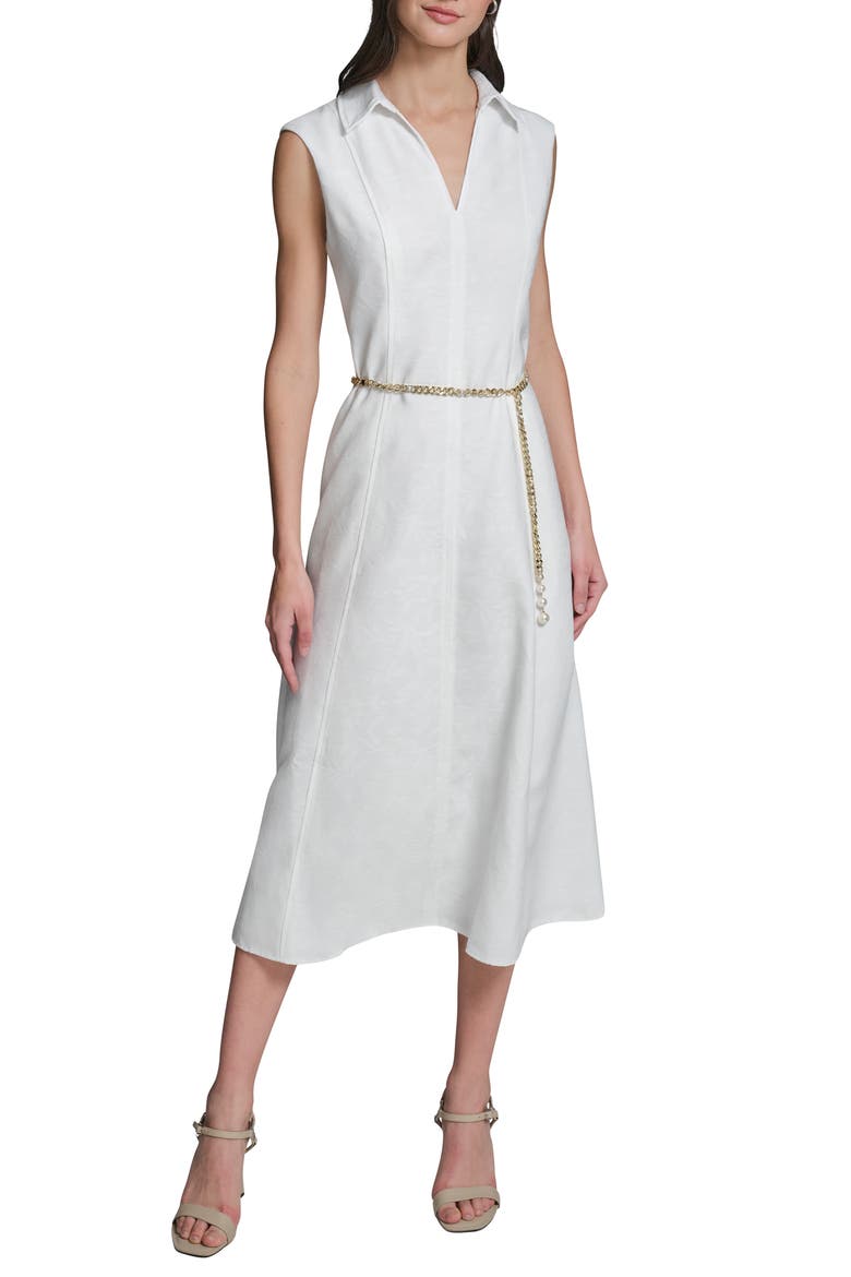 Floral Jacquard Midi Dress with Chain Belt, Main, color, SOFT WHITE