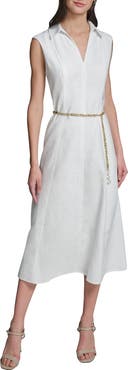 KARL LAGERFELD Floral Jacquard Midi Dress with Chain Belt