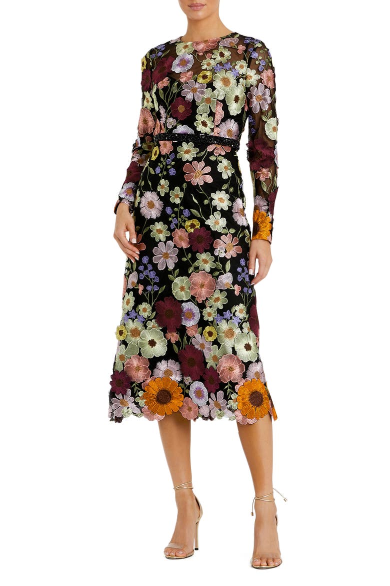 Hand Stitched Floral Embellished High Neck A-line Dress, Main, color, BLACK MULTI