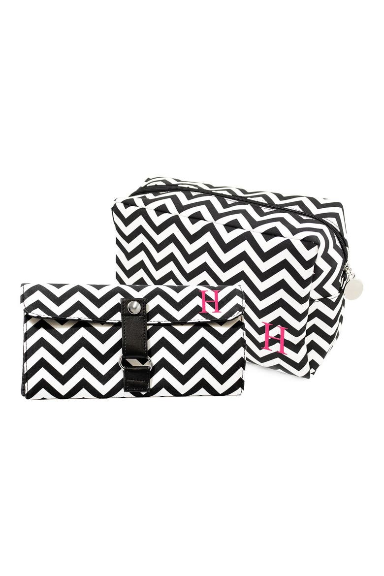 Personalized Cosmetics Bag & Makeup Brush Set, Main, color, BLACK - H