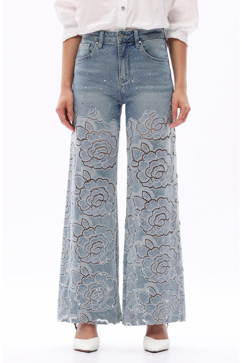 Rhinestone High Waist Wide Leg Eyelet Jeans, Main, color, RETRO LIGHT BLUE