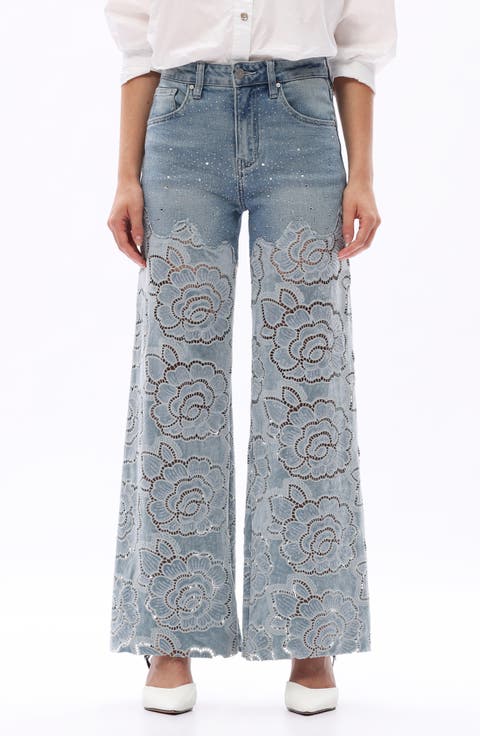 Rhinestone High Waist Wide Leg Eyelet Jeans (Retro Light Blue)
